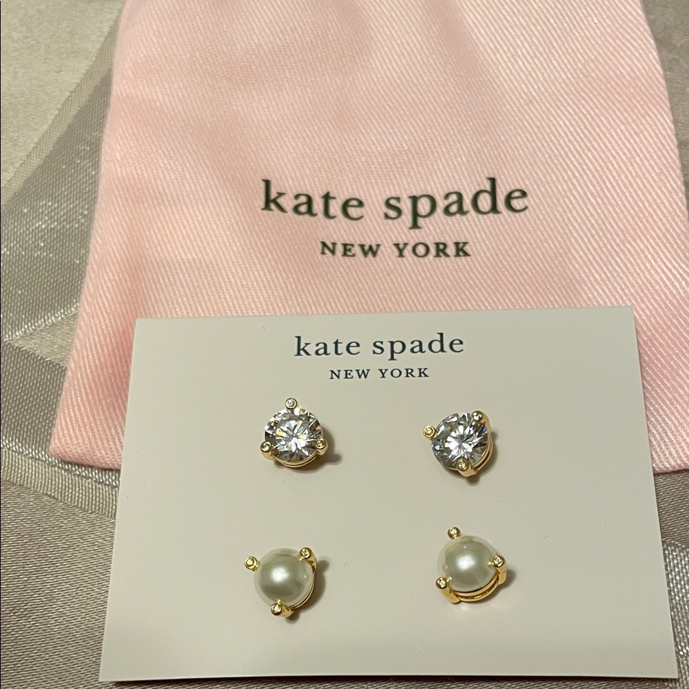 kate spade Gold Tone Crystal & Pearl Stud Earring Set with Pink Pouch